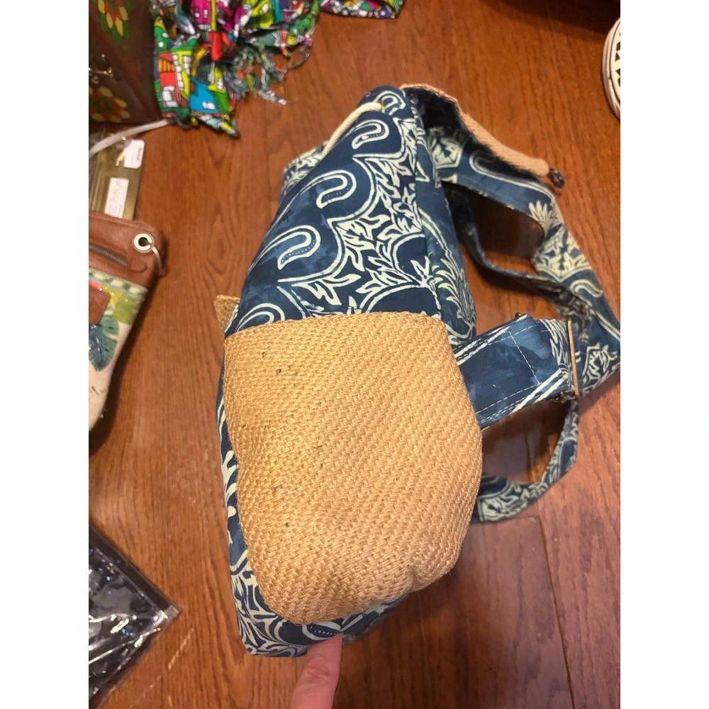 Taaluma‎ Totes Backpack Boho Blue Batik Straw Accent Drawstring Toggle OS